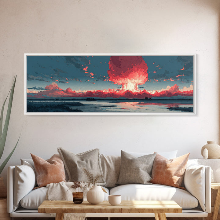 Dramatic Red Mushroom Cloud Over Wetlands Wall Art, Modern Abstract Art Print, Sci Fi Landscape Poster, Statement Home Decor