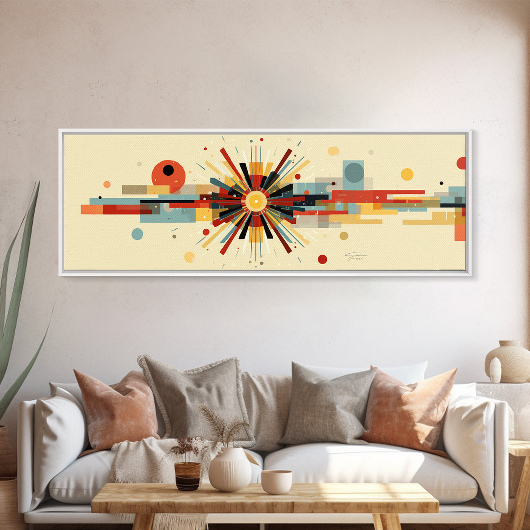 Geometric Atomic Burst With Circles And Lines Canvas Print, Mid Century Modern Wall Art, Bauhaus Poster, Colorful Decor Print