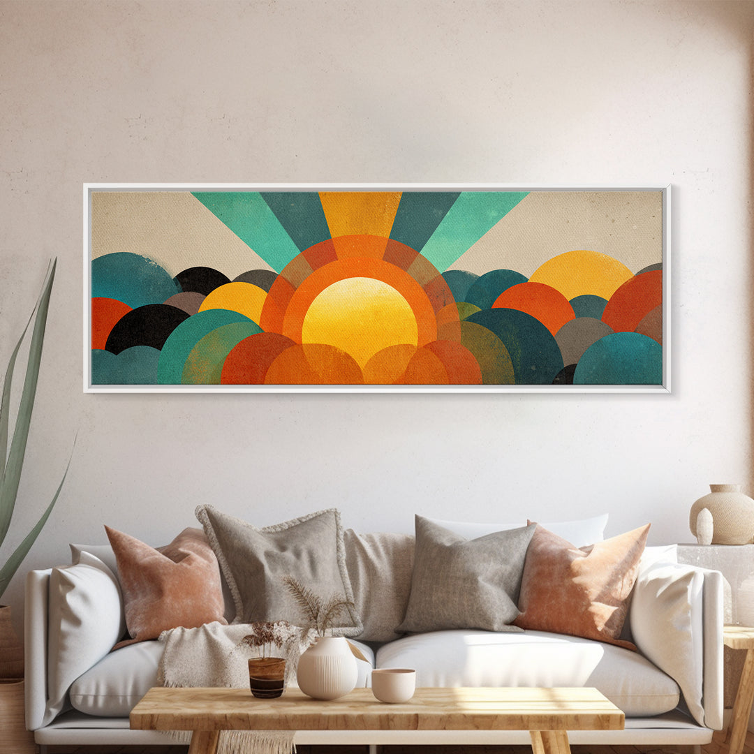 Layered Sun Rising Over Retro Hills Canvas Print, Mid Century Modern Wall Art, Colorful Landscape Poster, MCM Home Decor