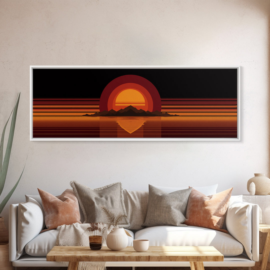 Orange Desert Sun And Mountain Reflection Wall Art, Retro Midcentury Canvas Print, Black Minimalist Modern Home Decor Poster