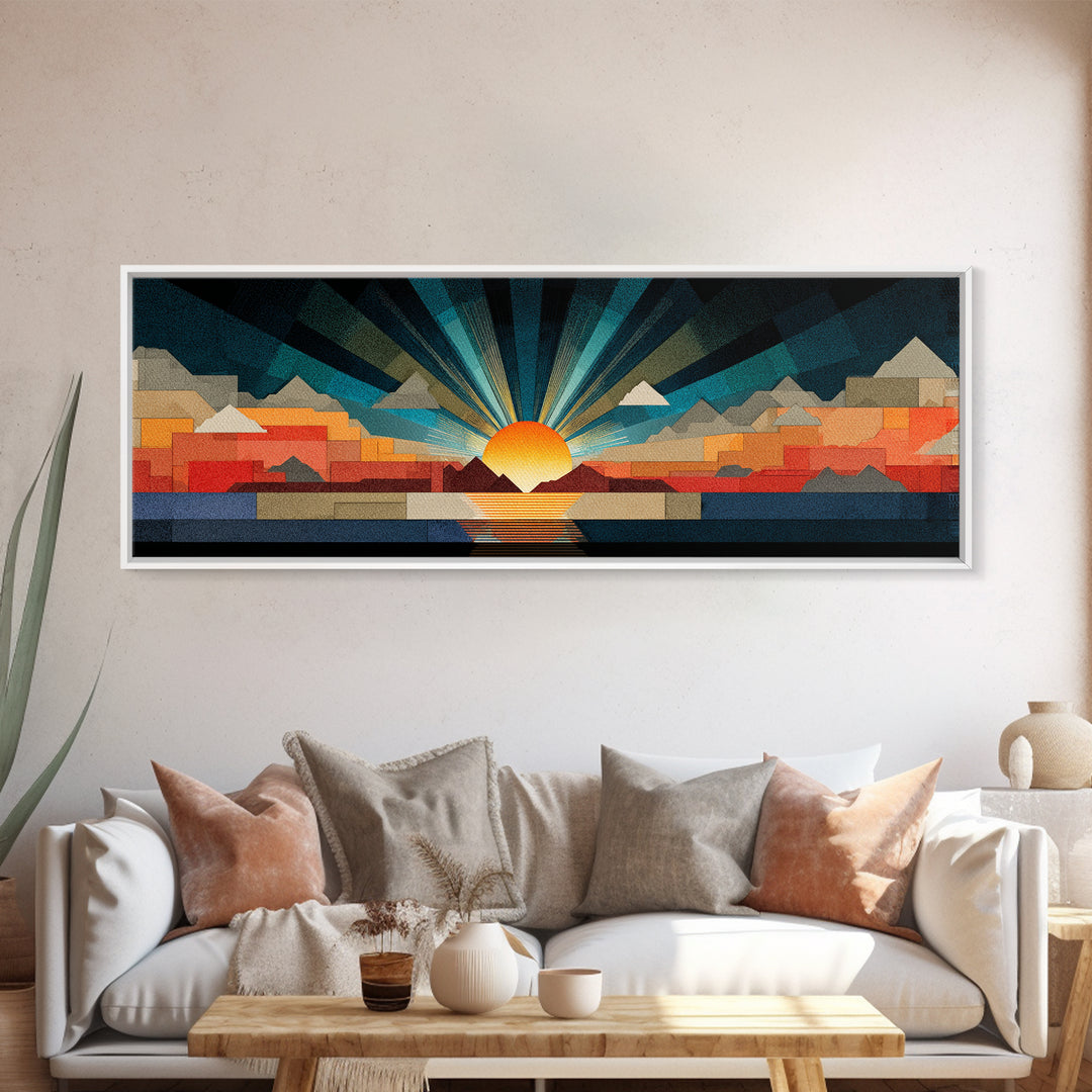 Art Deco Sunrise Mountain Landscape Wall Art, Midcentury Modern Canvas Print, Bold Geometric Retro Living Room Decor Poster