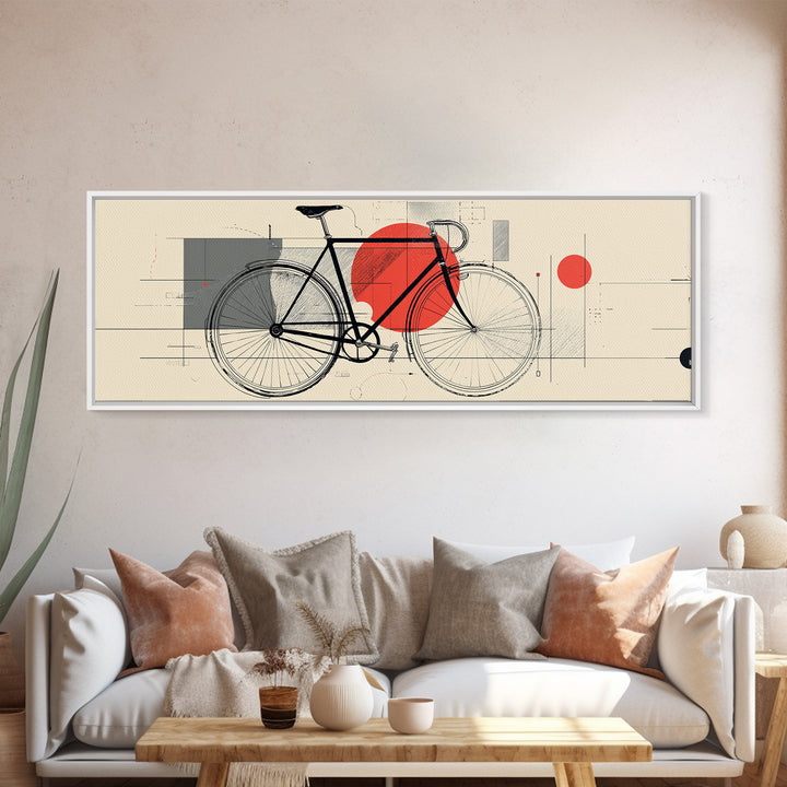 Minimalist Black Bicycle Wall Art, Red Sun Bauhaus Canvas Print, Midcentury Modern Cycling Poster, Graphic Office Decor Art Print
