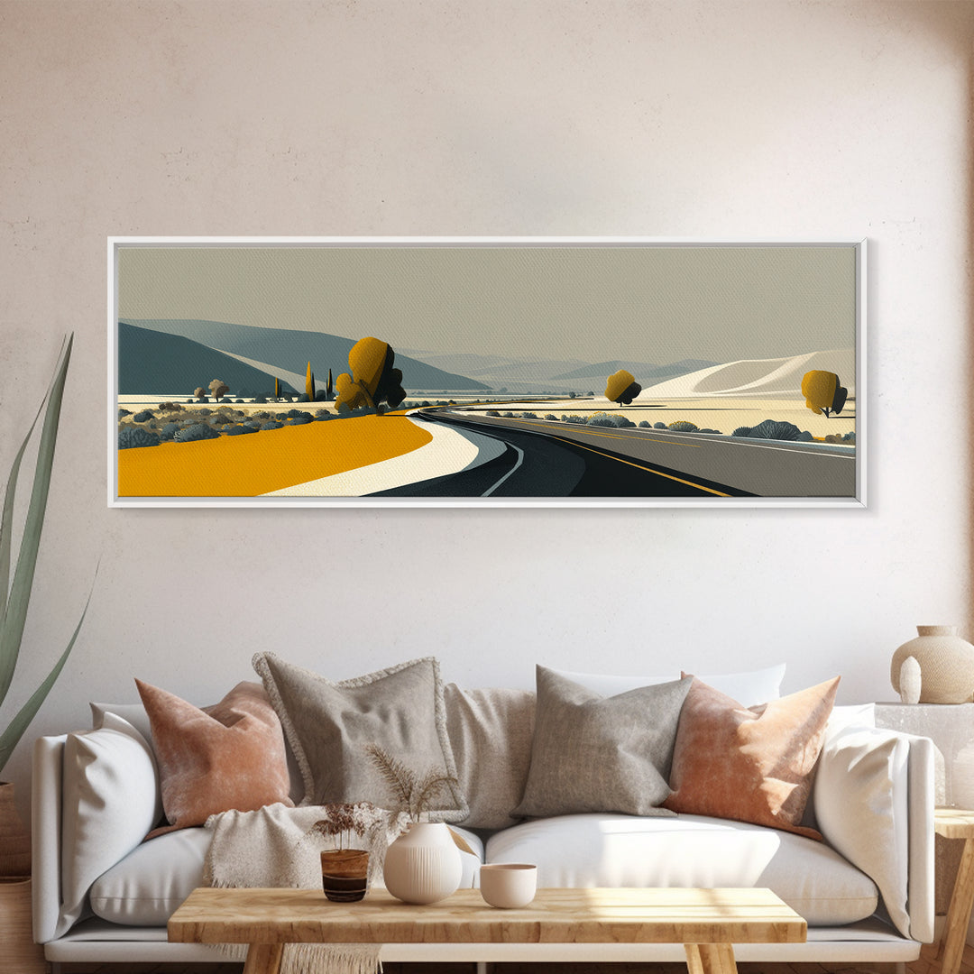 Minimal Country Road Wall Art, Modern Landscape Print, Neutral Midcentury Decor, Scenic Home Office Art, Mustard Yellow Decor