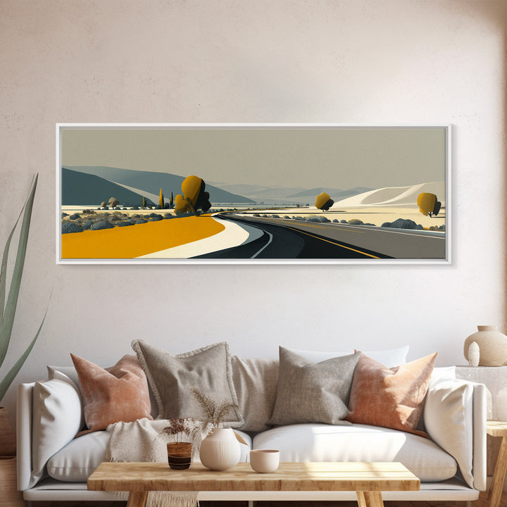 Minimal Country Road Wall Art, Modern Landscape Print, Neutral Midcentury Decor, Scenic Home Office Art, Mustard Yellow Decor