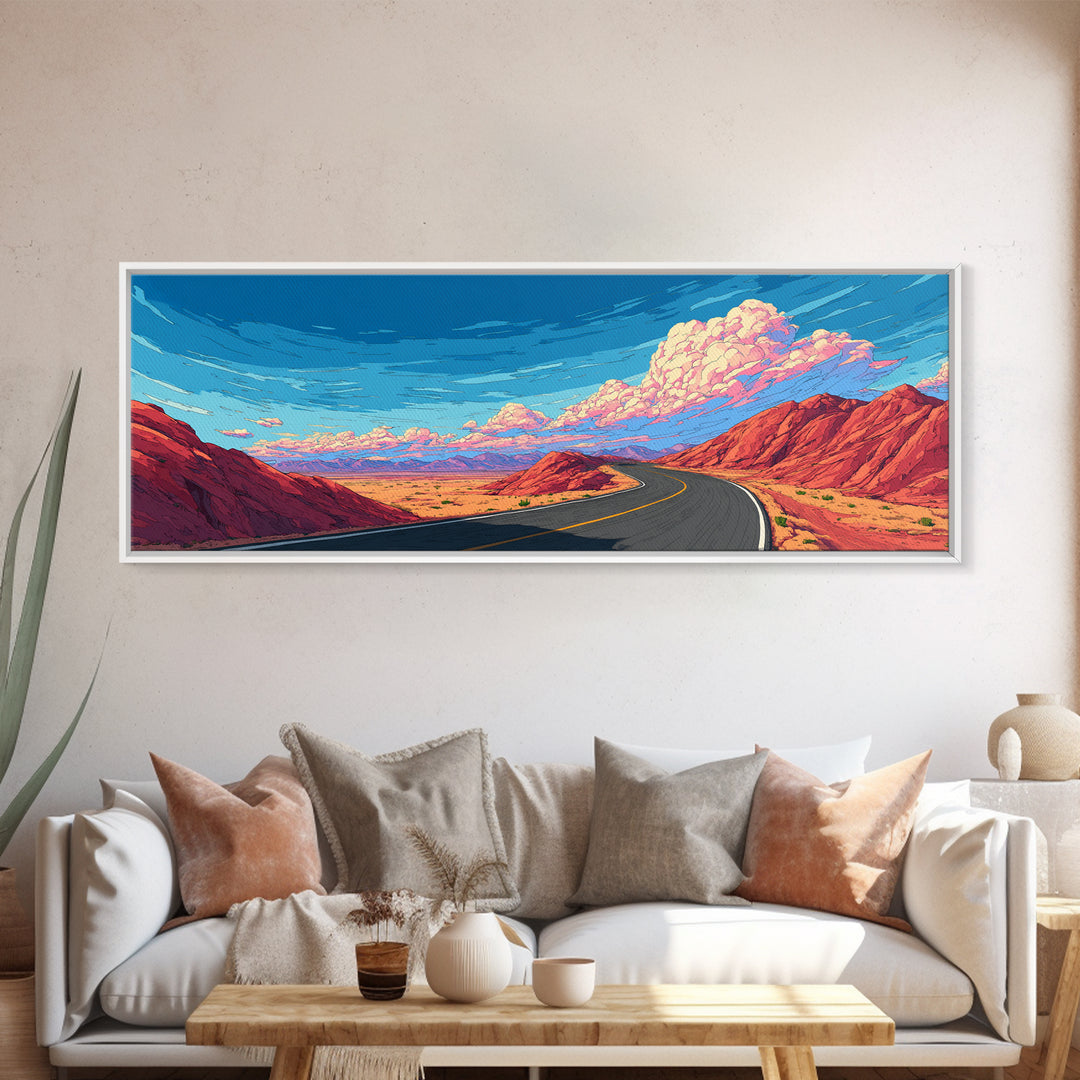 Red Canyon Highway Framed Canvas Print, Modern Wall Art, Retro Travel Poster Style, Colorful Landscape, Southwestern Decor