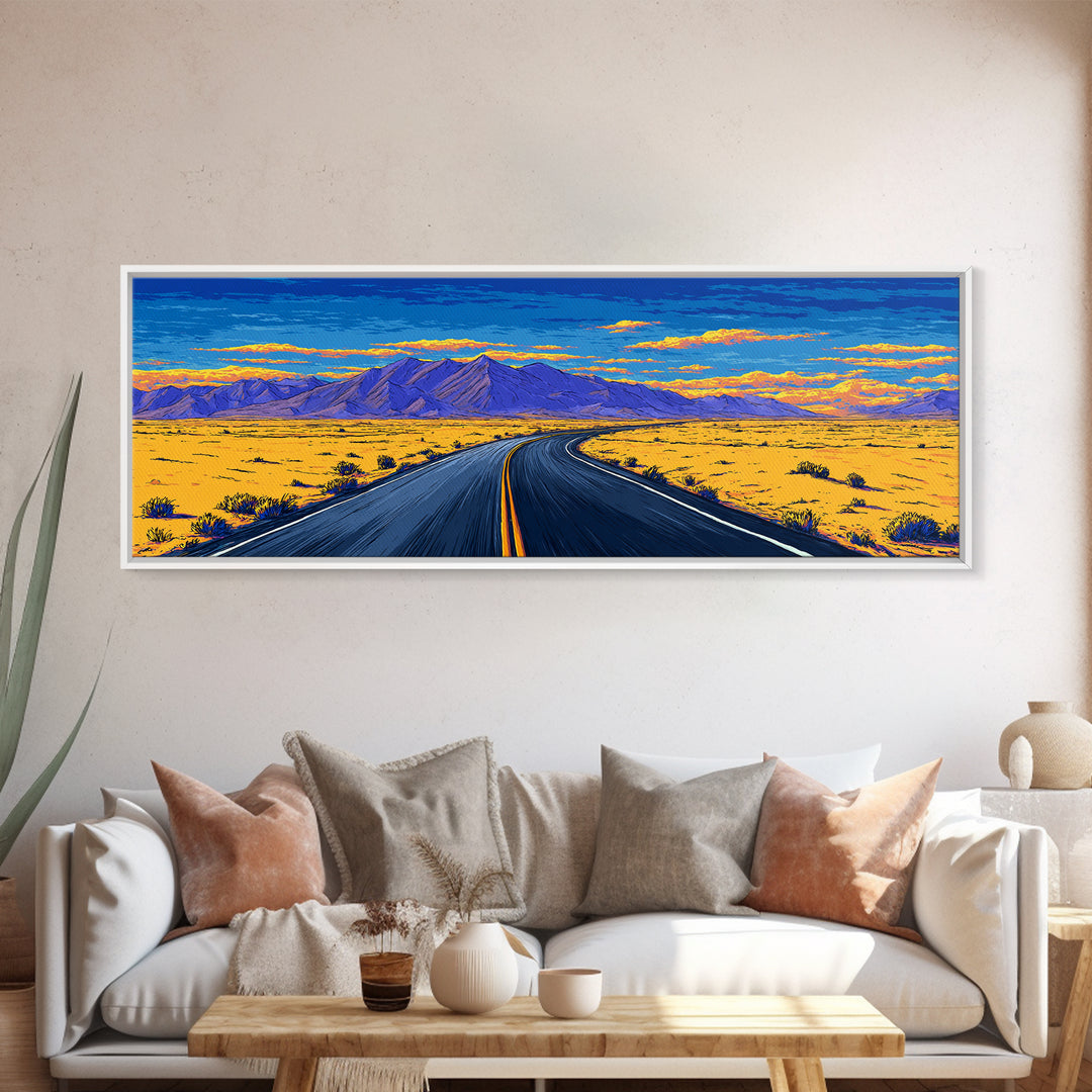 Vibrant Desert Highway And Purple Mountains Wall Art, Mid Century Modern Landscape Poster, Retro Road Trip Home Decor Print
