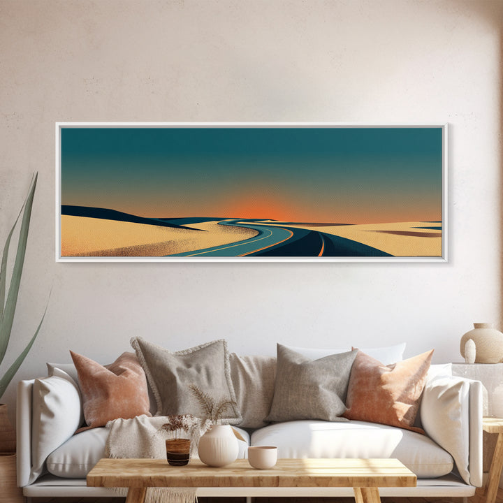 Minimal Sunset Desert Road Canvas Print, Mid Century Modern Landscape Wall Decor, Retro Travel Poster, Warm Neutral Art Print