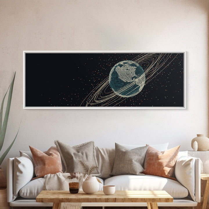 Dark Earth With Orbital Rings Framed Canvas Print, Retro Space Science Wall Decor, Modern Astronomy Art For Home Office Gift
