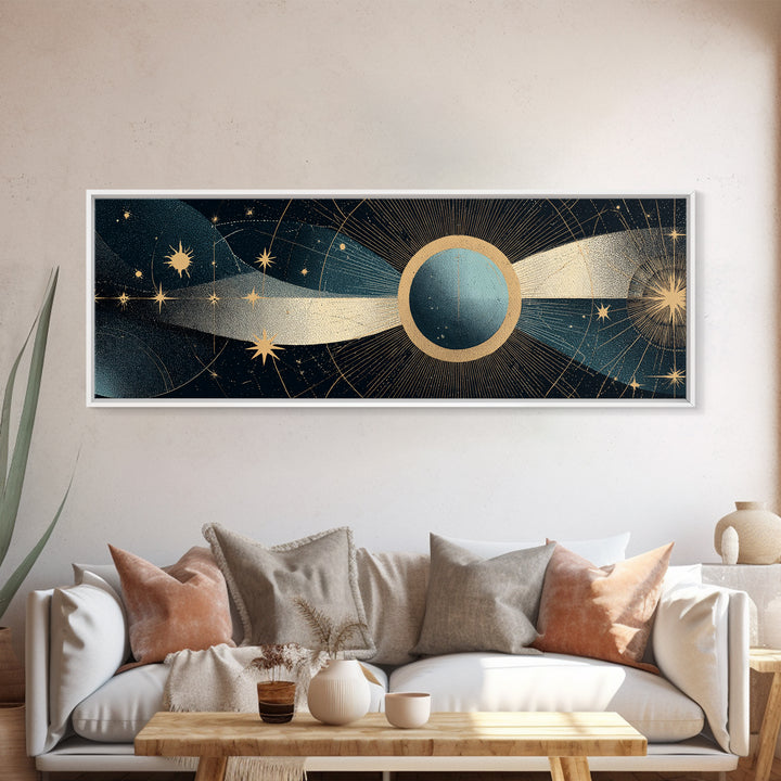 Abstract Solar Eclipse With Golden Stars Wall Art, Mid Century Modern Celestial Poster, Cosmic Retro Print For Living Room