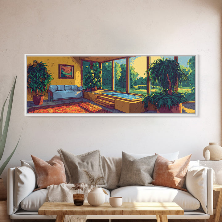 Sunlit Living Room With Lush Houseplants Canvas Print, Mid Century Modern Interior Wall Decor, Cozy Botanical Art Print Poster