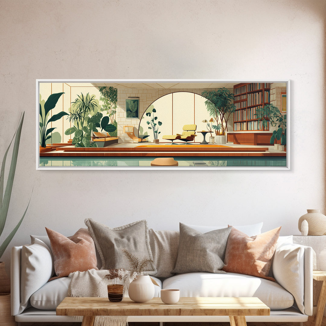 Sunlit Indoor Pool Atrium With Plants Wall Art, Midcentury Modern Decor, MCM Home Office, Retro Architectural Living Room Print