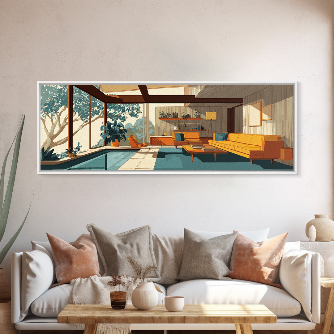 Glass Wall Living Room With Pool Wall Art, Midcentury Modern Decor, MCM Architecture, Retro Home Office Interior Design Canvas Print