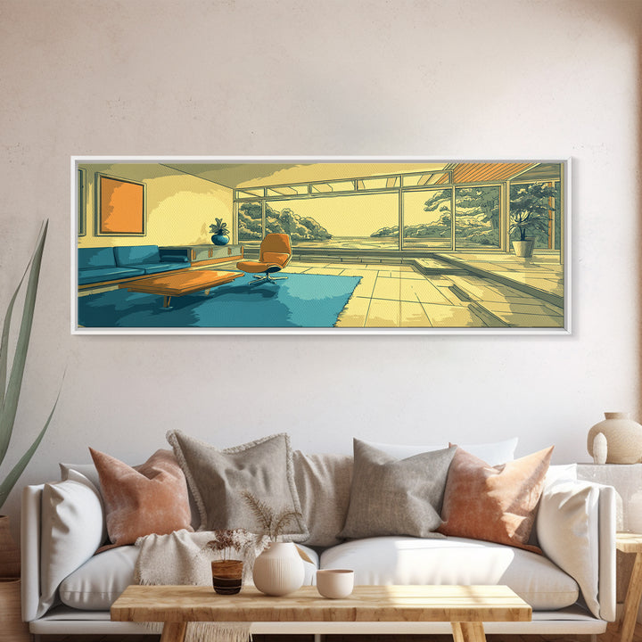 Teal Yellow Living Room With Mountain View Framed Canvas Print, Midcentury Modern Wall Decor, Retro MCM Architecture Home Art