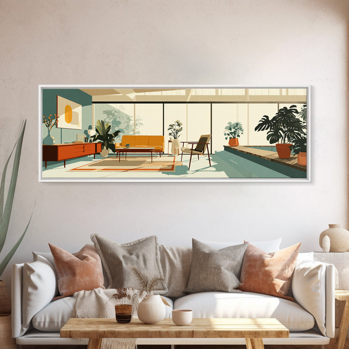 Sunny Plant Filled Living Room Wall Art, Midcentury Modern Decor, MCM Furniture, Retro Architectural Home Office Canvas Print