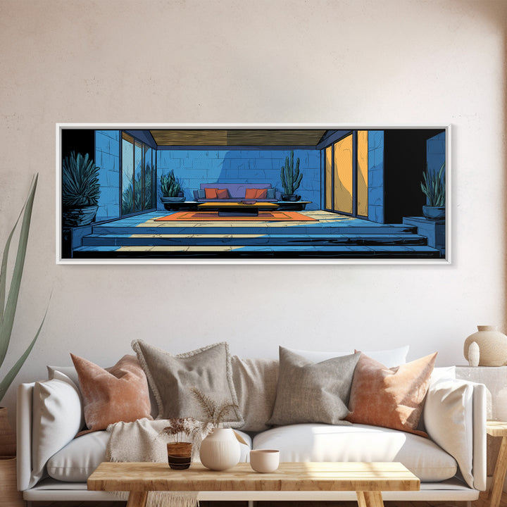 Blue Desert Courtyard With Cactus Wall Art, Midcentury Modern Decor, Retro Patio Architecture, MCM Large Framed Canvas Print