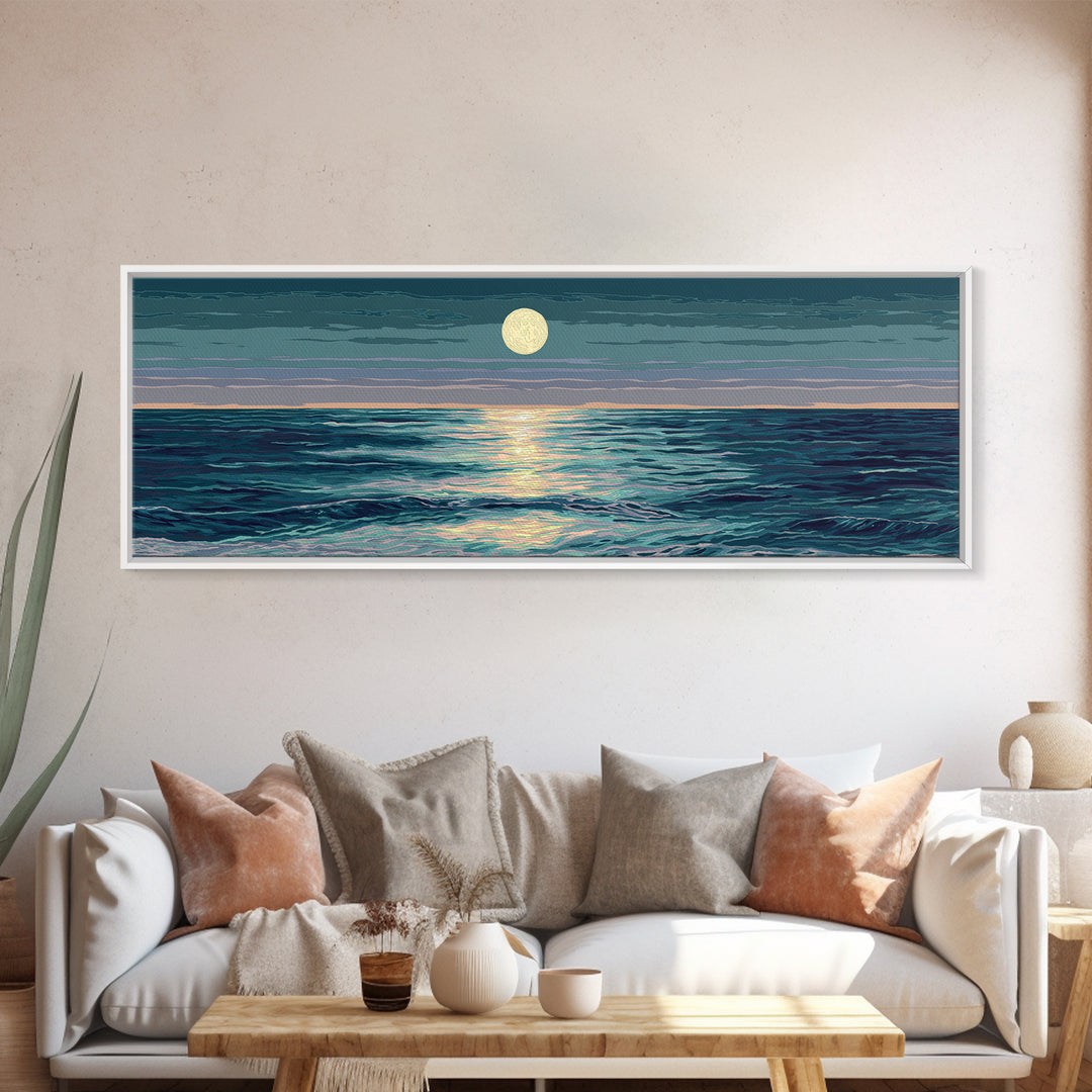 Moonlit Ocean Waves Under Full Moon Wall Art, Coastal Modern Decor, Blue Seascape, Serene Bedroom Living Room Canvas Print