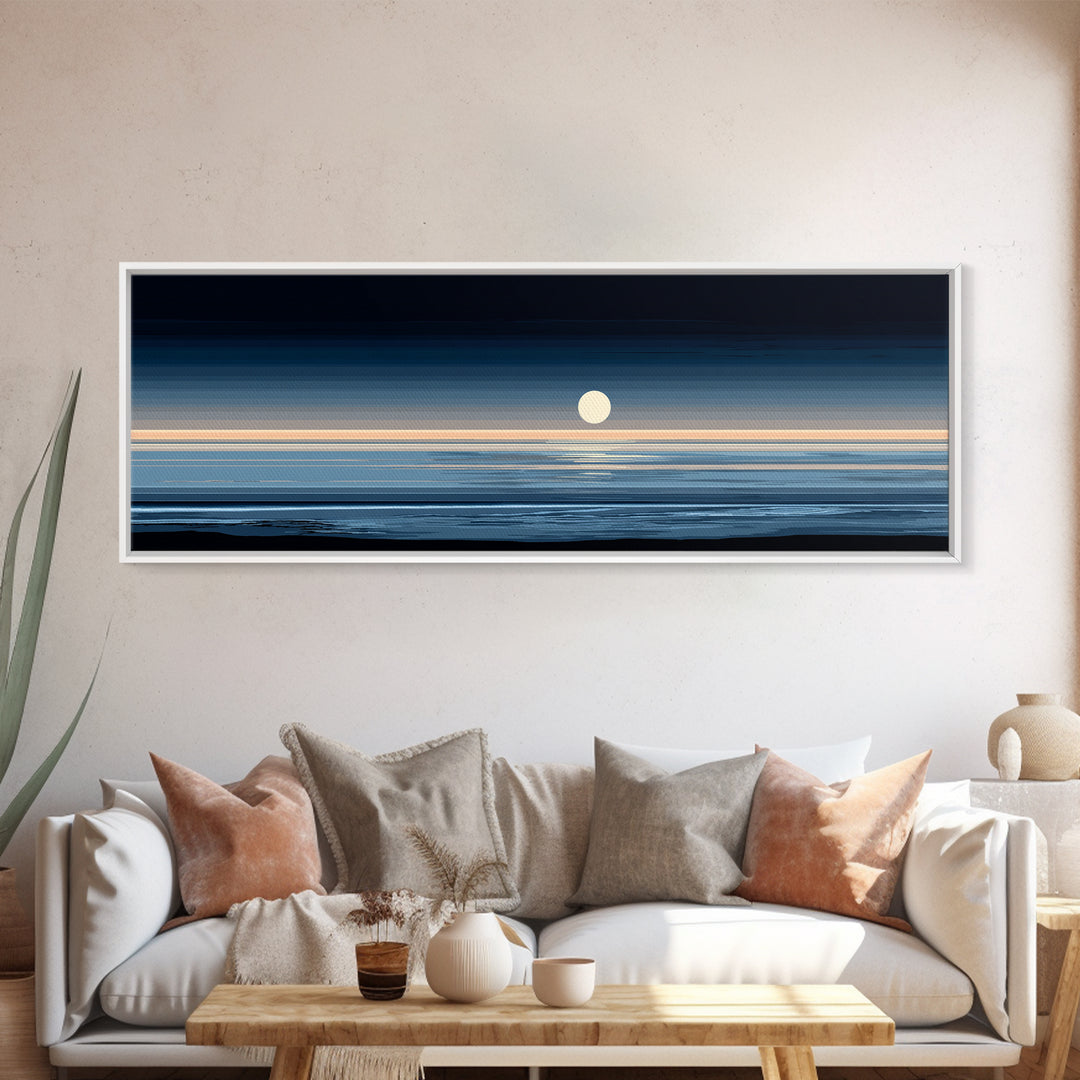 Minimal Moon Over Calm Horizon Wall Art, Modern Coastal Decor, Blue Abstract Seascape, Serene Bedroom Large Canvas Print