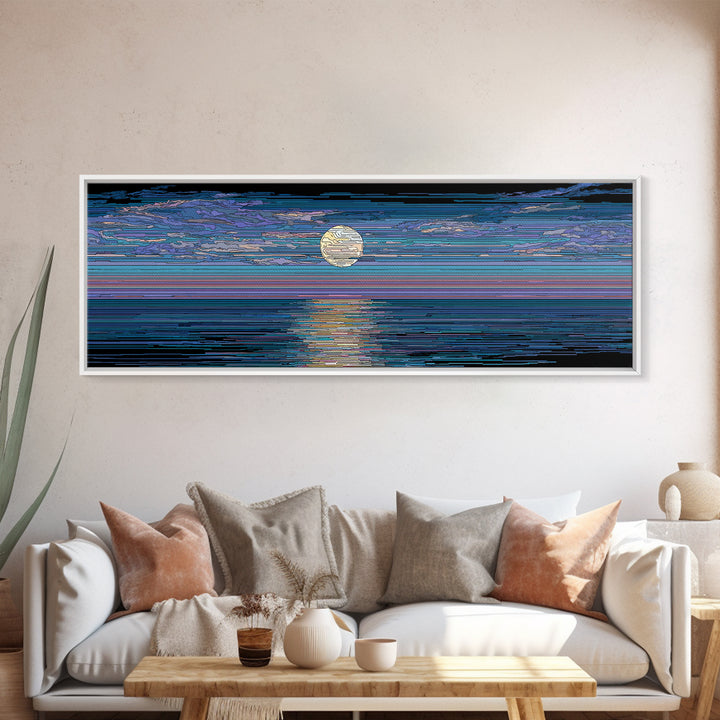 Striped Full Moon Ocean Reflection Wall Art, Modern Abstract Decor, Blue Coastal Seascape, MCM Retro Bedroom Canvas Print