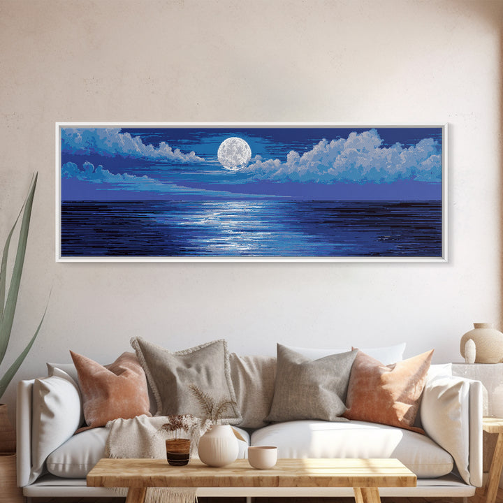 Bright Full Moon Over Blue Ocean Clouds Wall Art, Modern Coastal Decor, Serene Seascape, Bedroom Living Room Large Canvas Print
