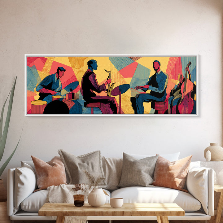 Vibrant Jazz Trio And Bass Canvas Print, Midcentury Modern Wall Art, Colorful Music Poster, Bold Retro Living Room Decor