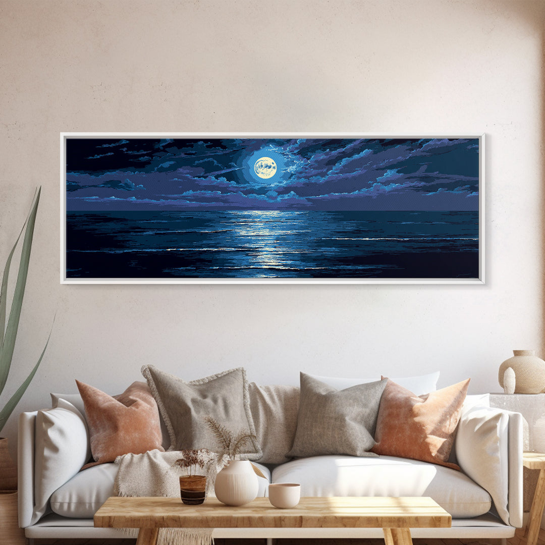 Dramatic Moonlit Ocean With Storm Clouds Wall Art, Modern Coastal Decor, Blue Seascape, Moody Bedroom Large Canvas Print