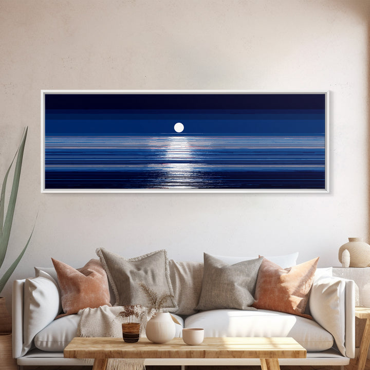 Full Moon Ocean Reflection Canvas Print, Modern Blue Seascape Wall Decor, Coastal Bedroom Art, Serene Living Room Artwork