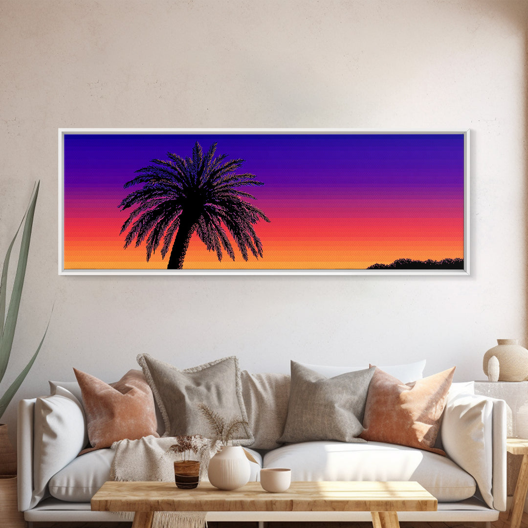 Vibrant Double Palm Sunset Framed Canvas Print, Retro 70s Wall Decor, Tropical Palm Springs Art, Colorful Bedroom Poster