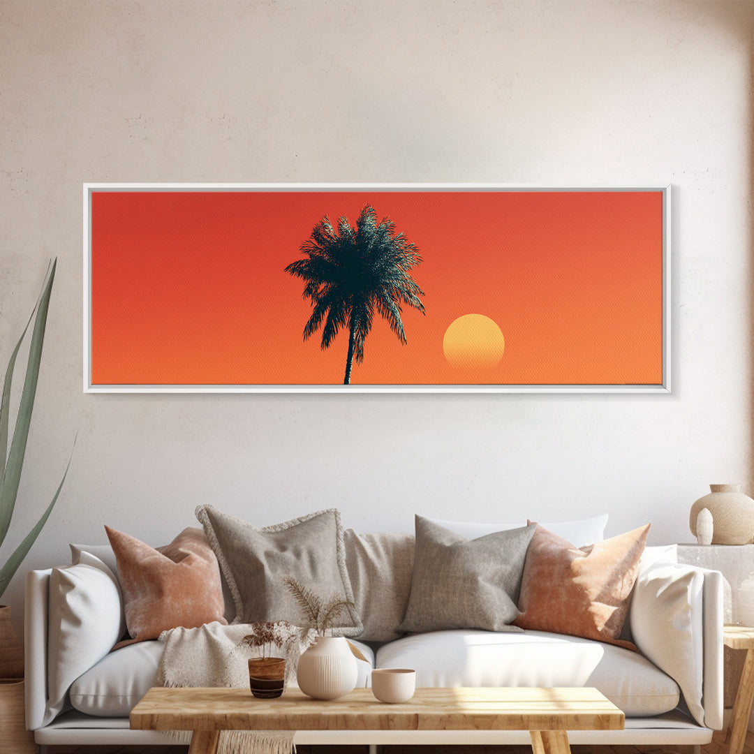 Orange Palm Silhouette Sunset Canvas Print, Mid Century Modern Tropical Wall Decor, Warm Coastal Art, Palm Springs Home Decor