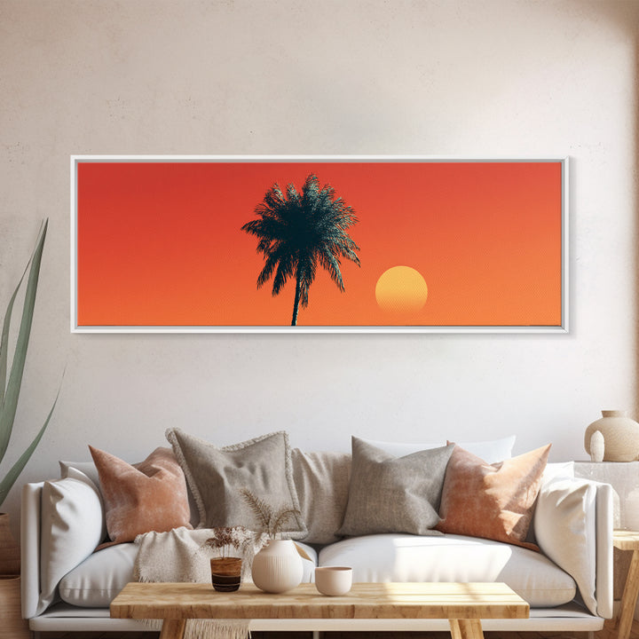 Orange Palm Silhouette Sunset Canvas Print, Mid Century Modern Tropical Wall Decor, Warm Coastal Art, Palm Springs Home Decor