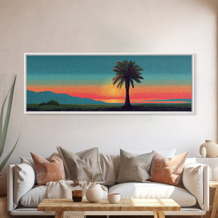 Grainy Palm Mountain Sunset Wall Art, Retro California Landscape Print, Teal Orange Mid Century Decor, Tropical Living Room Art