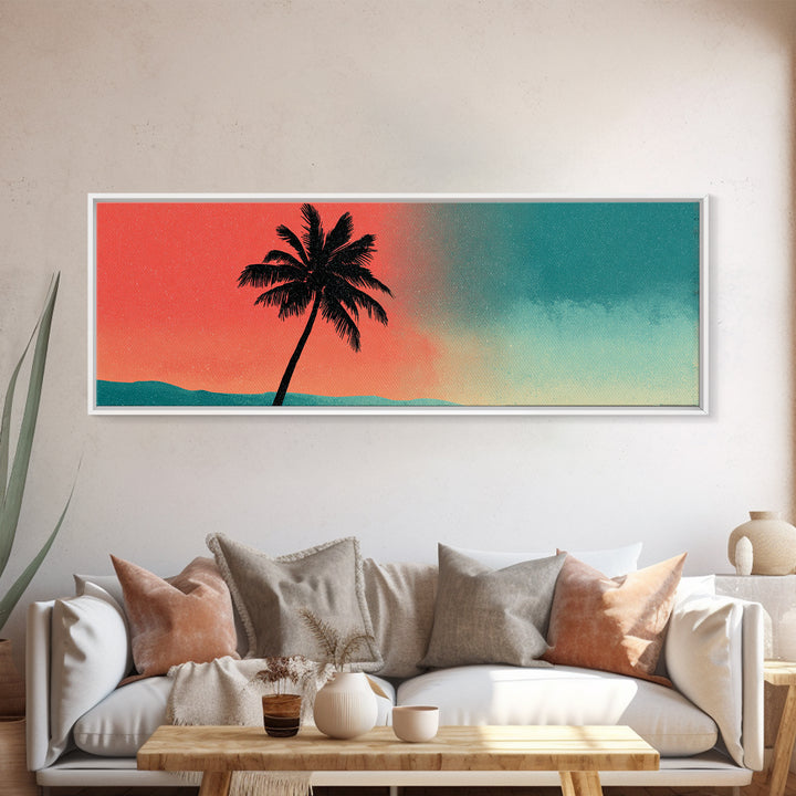 Leaning Palm Teal Coral Sky Wall Art, Retro Desert Landscape Print, Mid Century Modern Decor, Tropical California Poster