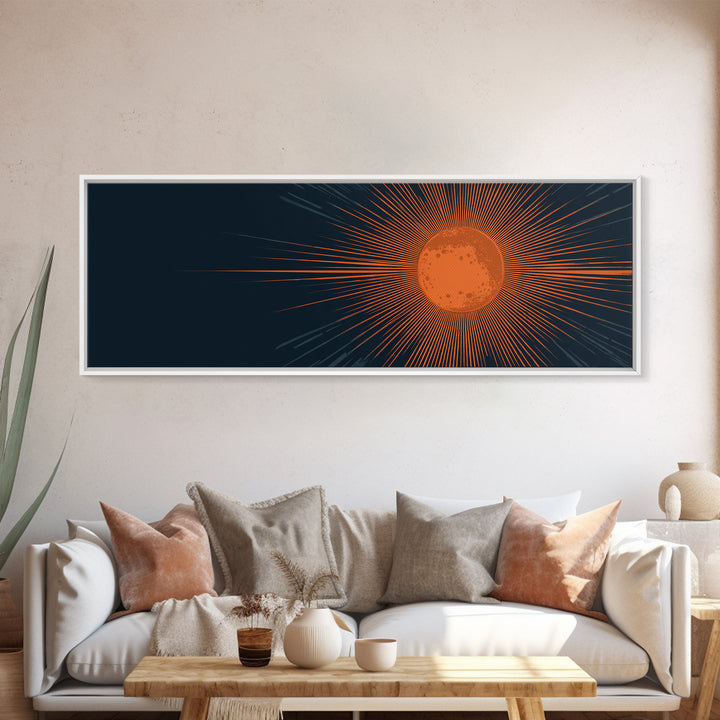 Orange Radiant Sunburst Wall Art, Atomic Mid Century Modern Print, Dark Navy Geometric Decor, Bold Solar Living Room Poster