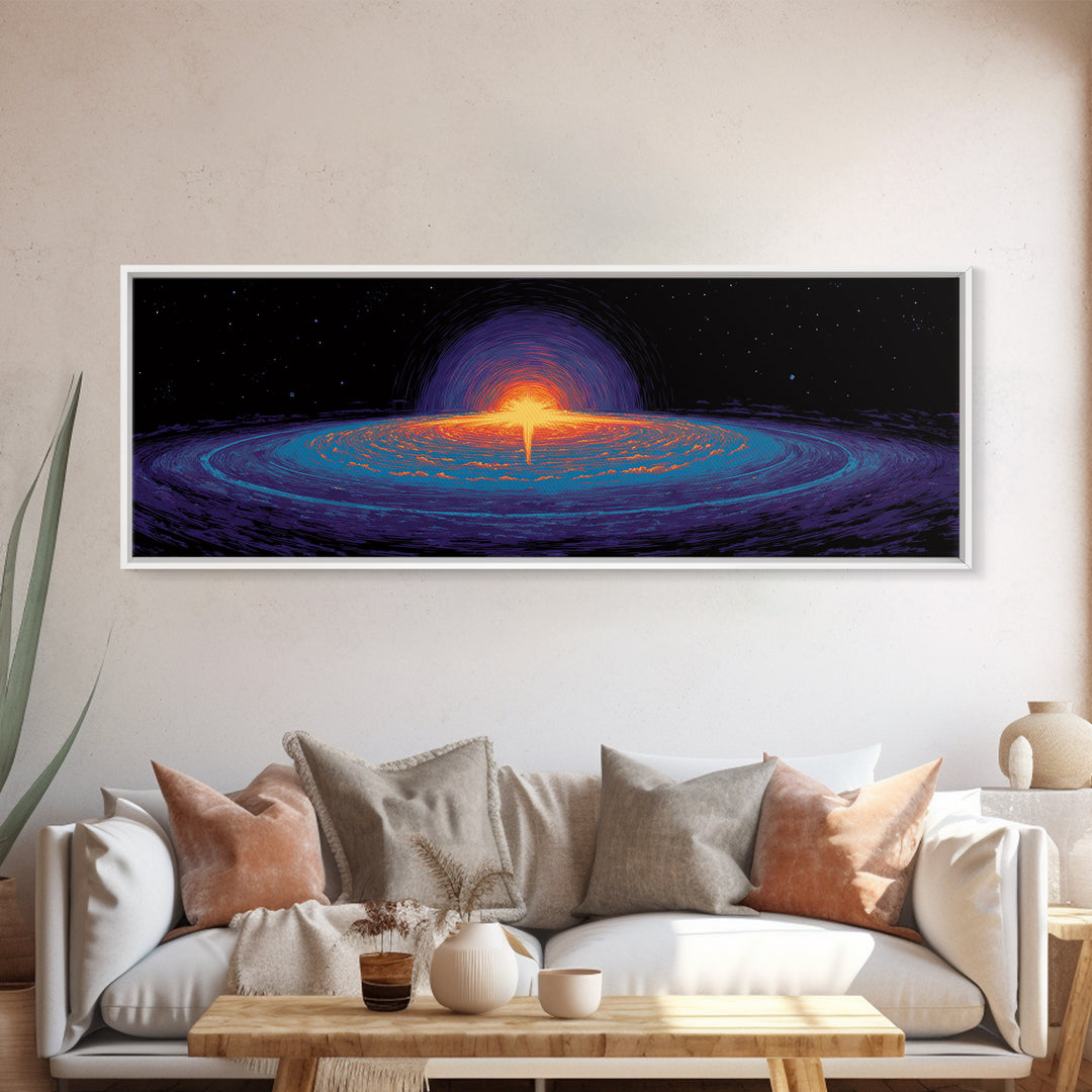 Cosmic Black Hole Galaxy Canvas Print, Retro Sci Fi Space Abstract Art, Neon Blue Orange Wall Decor, Modern Statement Poster