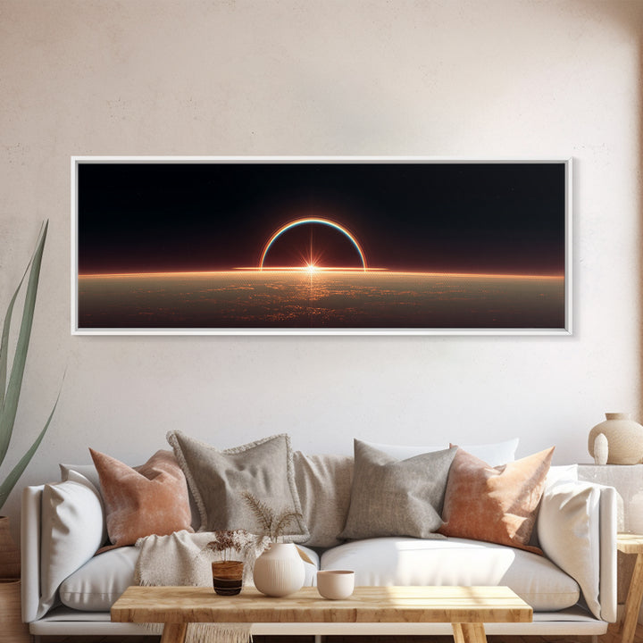 Futuristic Eclipse Horizon Framed Canvas Print, Sci Fi Planet Sunrise Wall Decor, Modern Space Art, Cinematic Living Room Poster