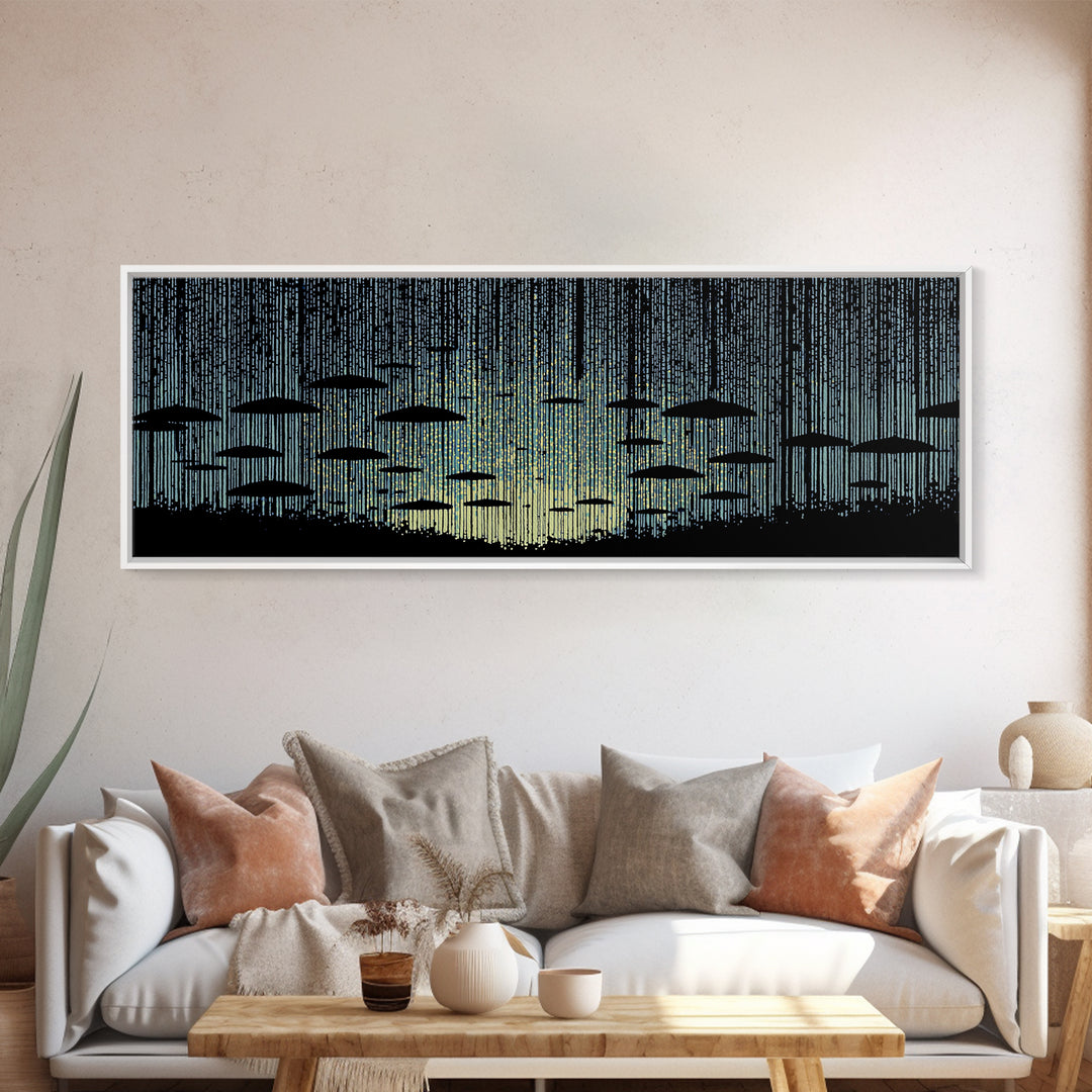 Blue Rain Umbrella Wall Art, Retro Illustration, Atmospheric Modern Art Print, Moody Bedroom Decor And Office Wall Decor