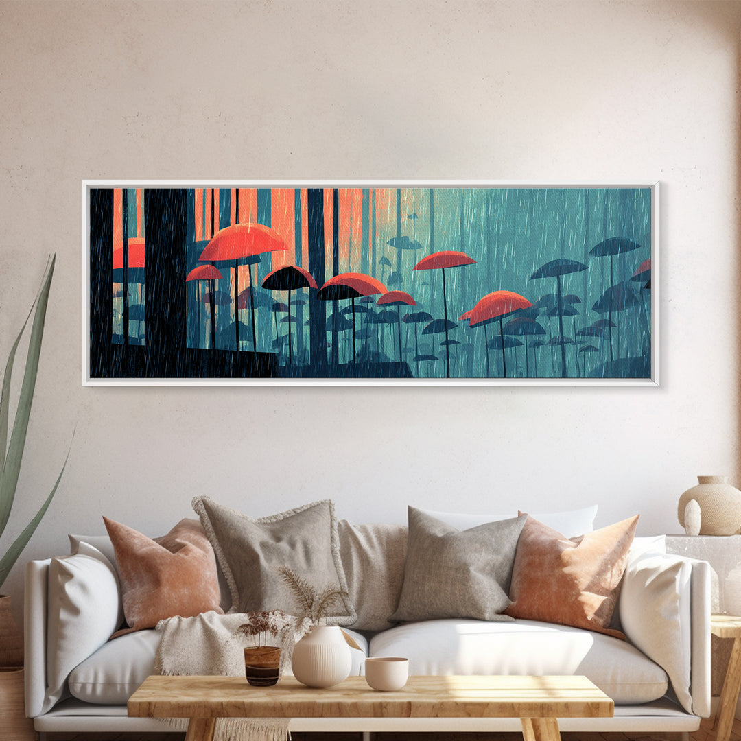 Teal Forest Umbrella Wall Art, Rainy Modern Art Print, Coral Blue Retro Decor, Atmospheric Living Room Canvas Print Gift