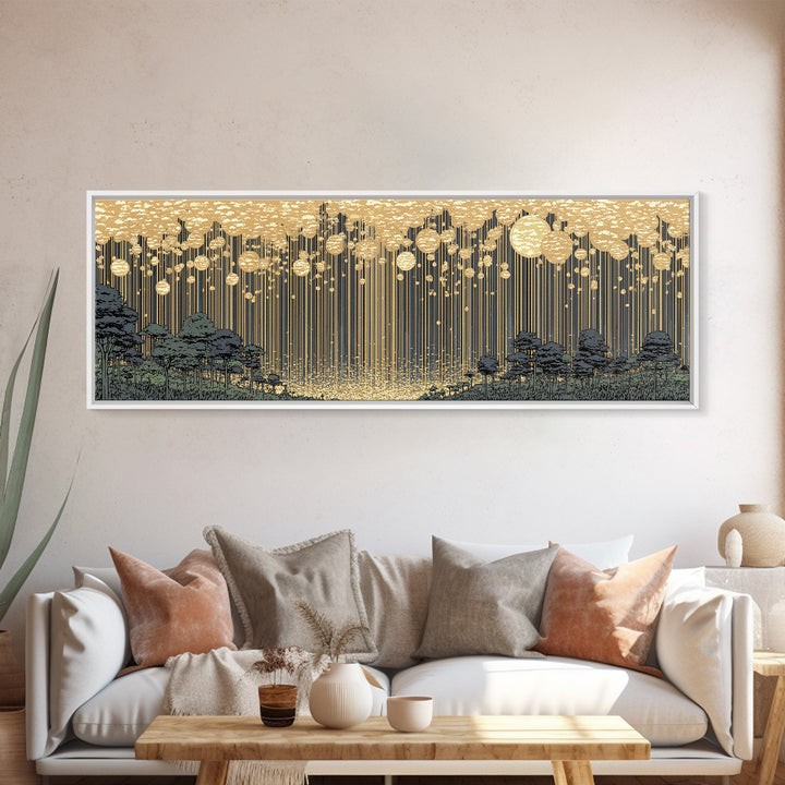 Golden Rain Landscape Framed Canvas Print, Midcentury Wall Art, Scenic Nature Print, Neutral Decor For Living Room Decor