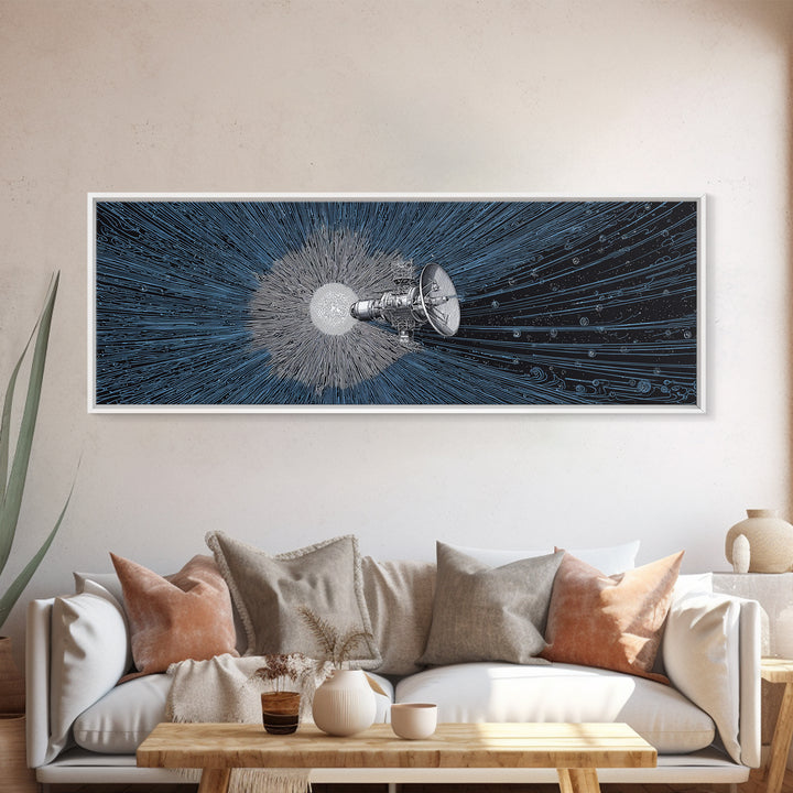 Deep Space Satellite Wall Art, Blue Sci Fi Retro Art, Modern Abstract Art Print, Large Panoramic Poster For Office Decor