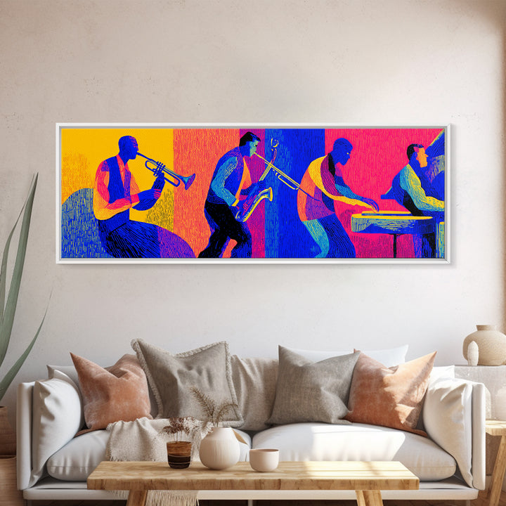 Bold Neon Jazz Band Canvas Print, Colorful Wall Art, Midcentury Modern Music Poster, Pop Art Funky Retro Living Room Decor
