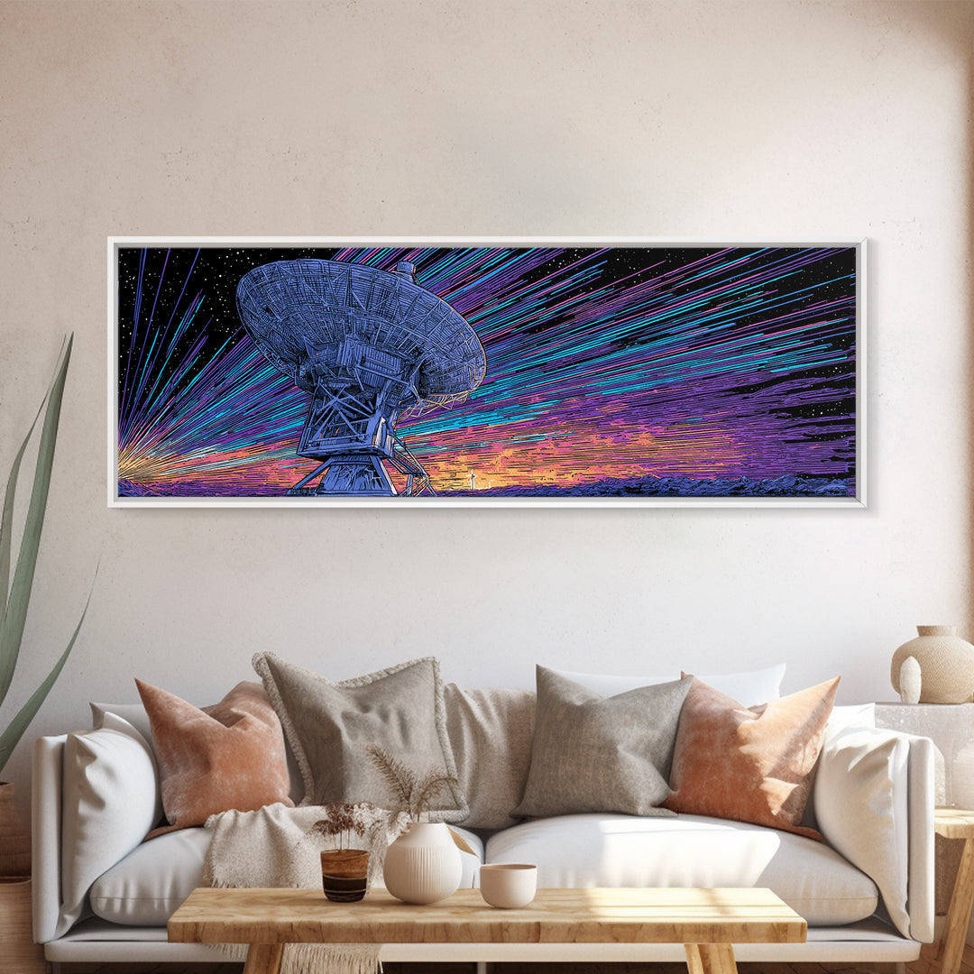Neon Radio Telescope Canvas Print, Cosmic Retro Art, Large Sci Fi Retro Art, Modern Wall Decor For Home Office And Den Gift