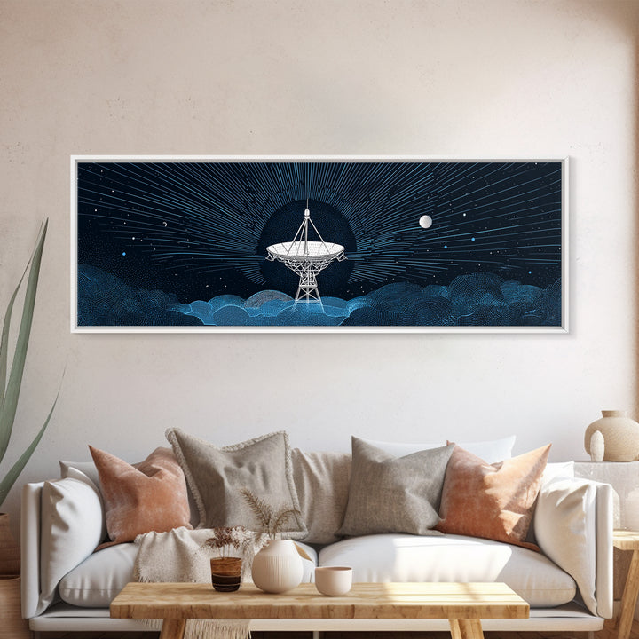 White Radio Telescope Moonlit Wall Art, Retro Sci Fi Observatory Print, Mid Century Modern Space Poster, Blue Panoramic Decor