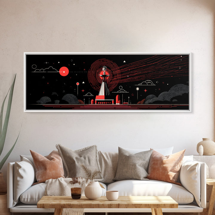 Red Observatory Beacon Wall Art, Retro Sci Fi Space Poster, Mid Century Modern Atomic Radio Telescope Panoramic Canvas Print