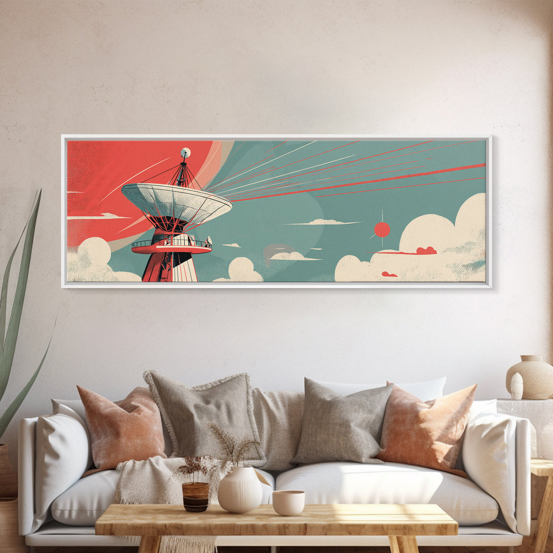 Coral Satellite Dish Sky Wall Art, Retro Sci Fi Observatory Poster, Mid Century Modern Atomic Space Decor, Panoramic Canvas Print