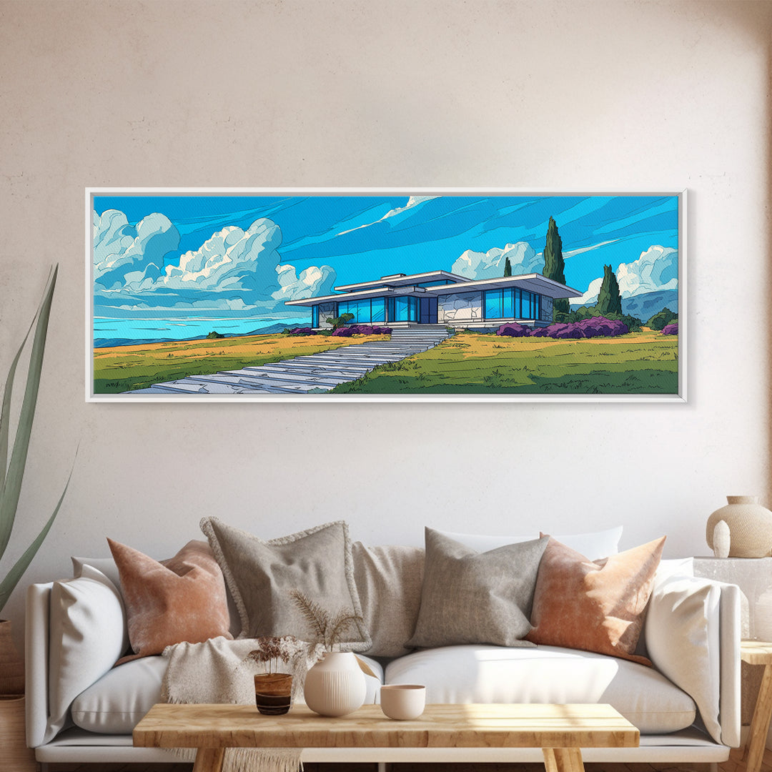 Blue Mid Century Ranch House Wall Art, Modern Architecture Poster, Palm Springs Decor, MCM Home Landscape Framed Canvas Print