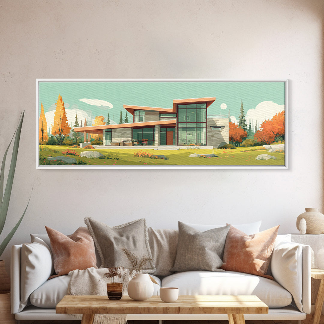 Autumn Glass Modern House Wall Art, Mid Century Modern Architecture Poster, Scandinavian Home Decor, Landscape Framed Canvas Print