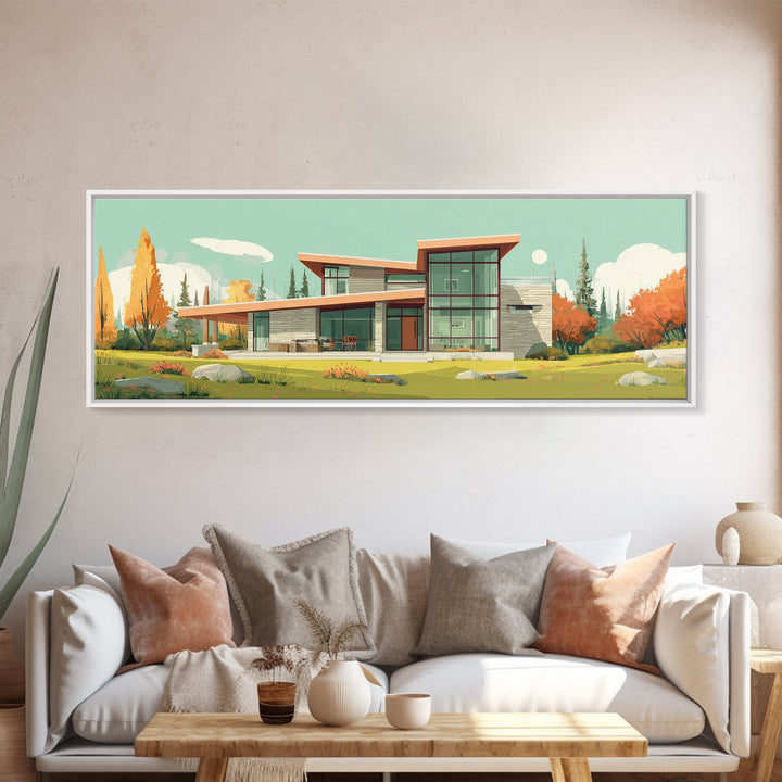 Autumn Glass Modern House Wall Art, Mid Century Modern Architecture Poster, Scandinavian Home Decor, Landscape Framed Canvas Print