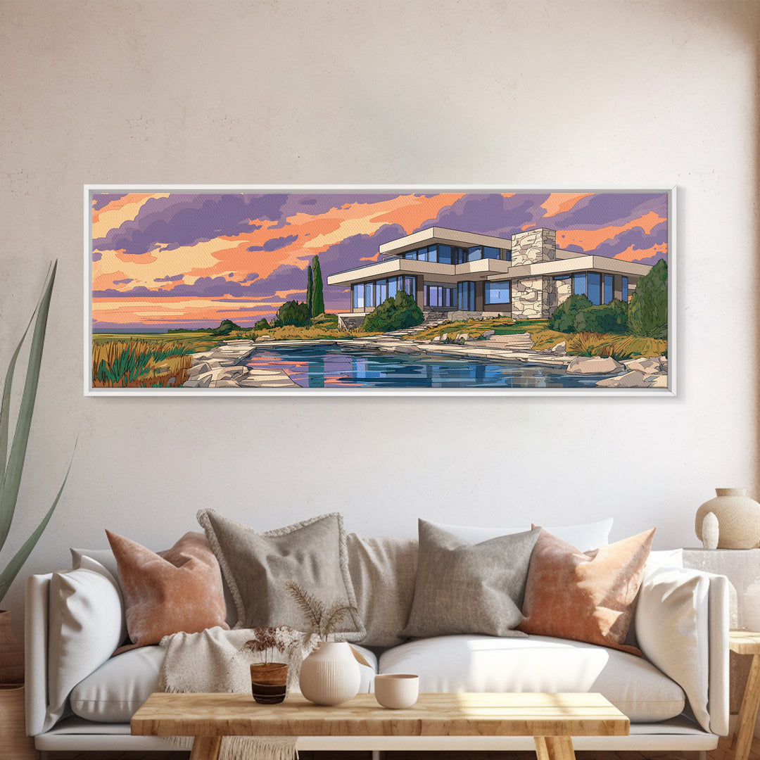 Lakeside Modernist Villa Wall Art, Sunset Mid Century Modern Architecture Poster, MCM Home Decor Scenic Framed Canvas Print