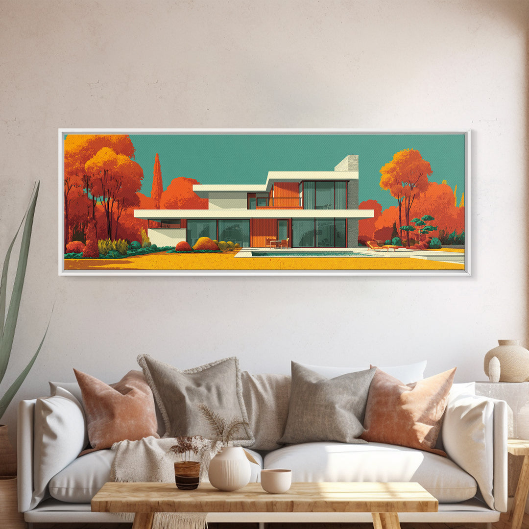 Orange Autumn Mid Century House Wall Art, Modern Architecture Poster, Retro Home Decor, Palm Springs Style Framed Canvas Print