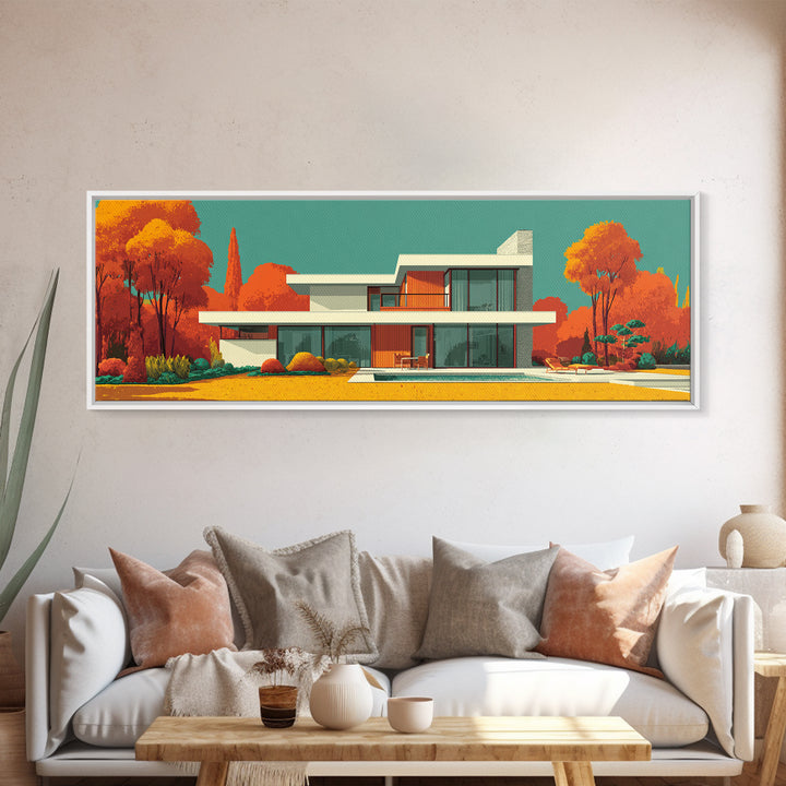 Orange Autumn Mid Century House Wall Art, Modern Architecture Poster, Retro Home Decor, Palm Springs Style Framed Canvas Print