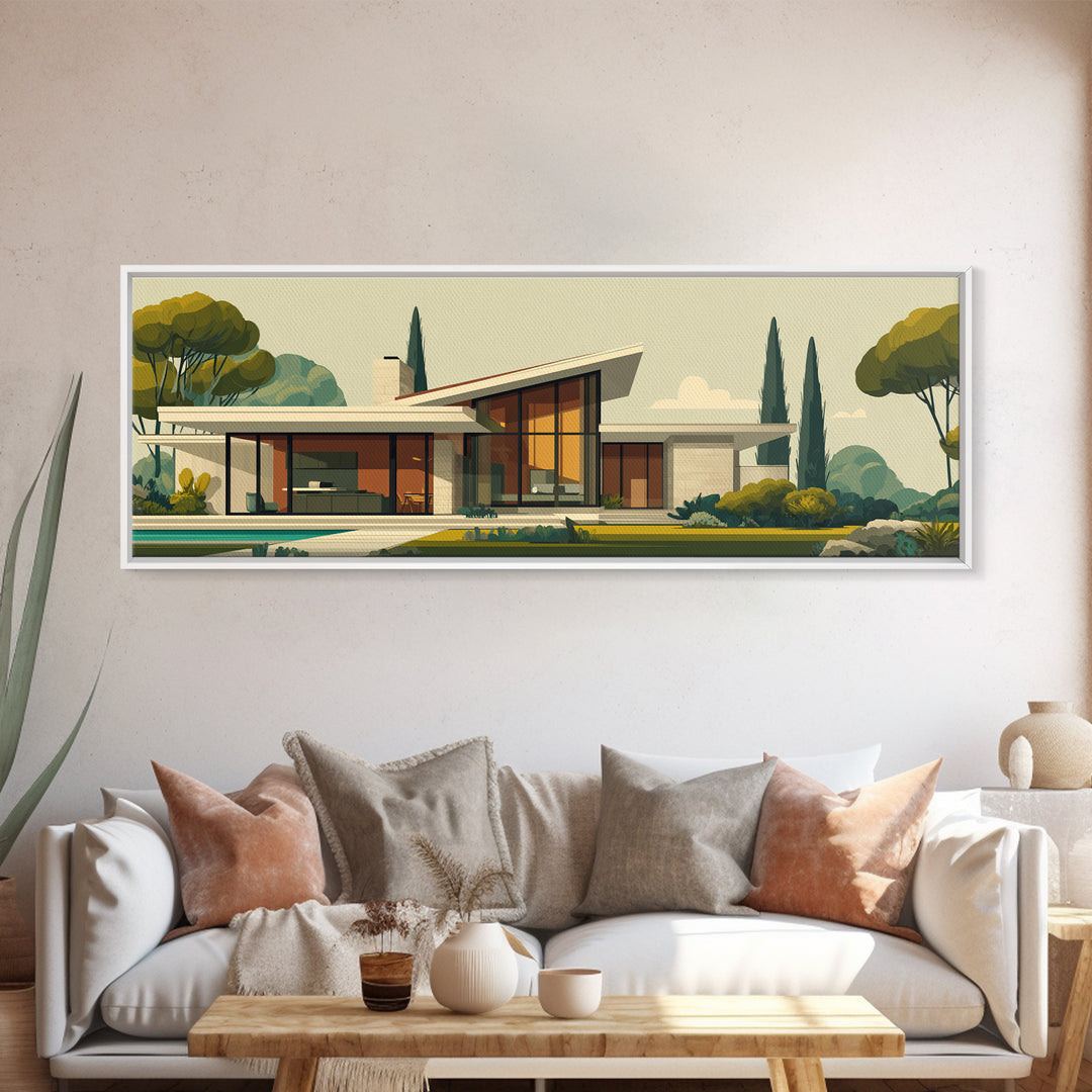 Angular Mid Century Modern House Wall Art, Retro Architecture Poster, Scandinavian Modern Home Decor Framed Canvas Print